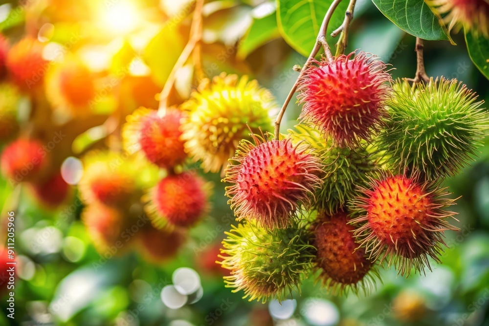 Rambutan Fruit on Branch, Sunlight, Green Leaves. Rambutan Fruit on Branch, Sunlight, Green Leaves.