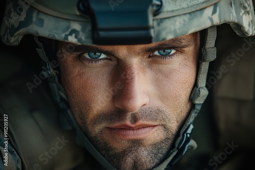 Close-up depiction of a soldier in combat gear, highlighting his intense blue eyes. The image portrays the discipline and unwavering focus of military personnel in action.