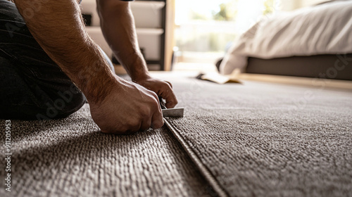 close-up of a professional installing new carpet in a cozy bedroom, home rug renovation