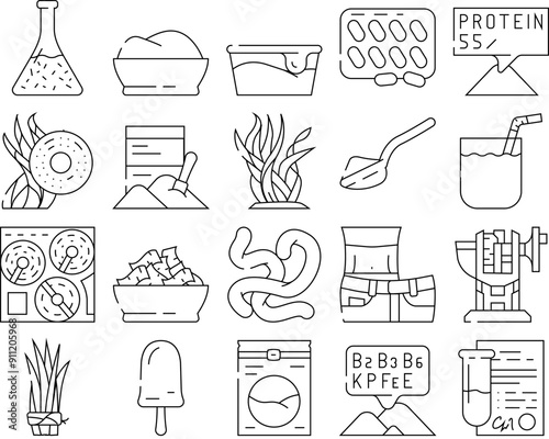 Spirulina Nutrition Ingredient Icons Set Vector. Spirulina Natural Ice Cream Food And Vitamin Healthcare Drink, Seaweed And Algae Plant For Prepare Tablets Drug And Powder Black Contour Illustrations