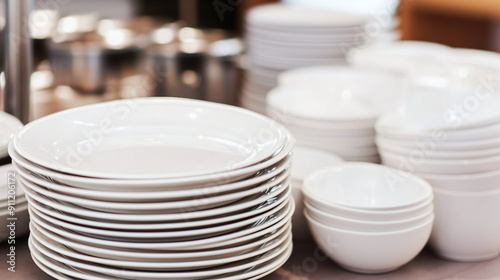 stack of white just cleaned plates in a restaurant backend kitchen