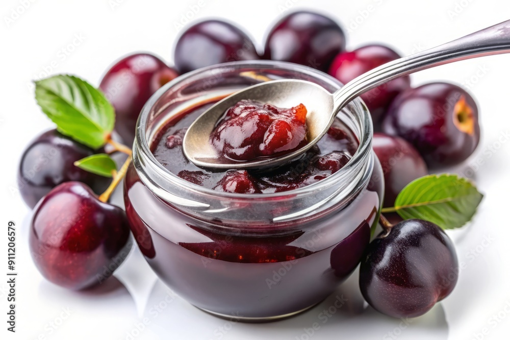 Close-up of a spoon scooping plum jam from a jar with fresh plums. Close-up of a spoon scooping plum jam from a jar with fresh plums.