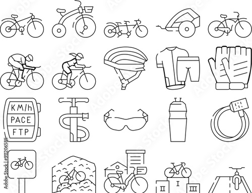 Bike Transport And Accessories Icons Set Vector. Cruiser And Tandem Bike, Trailer For Child And Rider Protective Helmet, Gloves And Clothes. Mountain And Road Riding Black Contour Illustrations