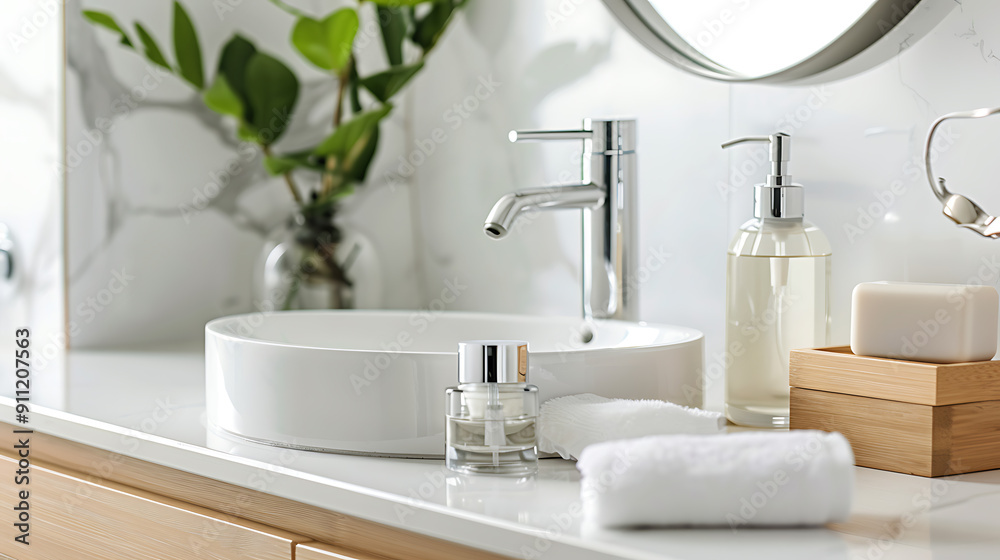 White bathroom sink, chrome faucet, and natural soap, minimalist design, clean and fresh, spa and relaxation, perfect for a hotel or home. 
