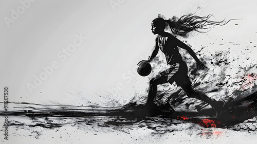 A striking minimalistic illustration of a female basketball player in motion, depicted in a black silhouette against a light background. 
