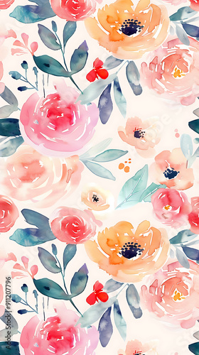 Watercolor floral pattern with pink and peach flowers perfect for spring and summer designs. 
