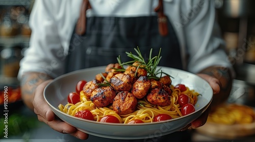 Modern food stylist decorating meals for presentation in restaurants. Closeup of food stylish. Restaurant serving. Close-up on the hand of a waiter carrying food