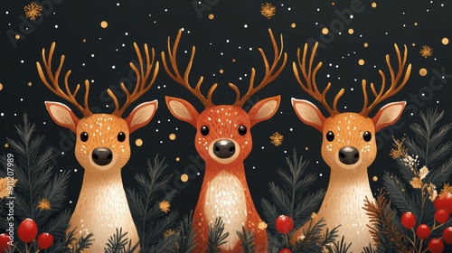 Wallpaper Mural Three adorable reindeer surrounded by festive foliage and snow, perfect for holiday-themed designs and decorations. Torontodigital.ca