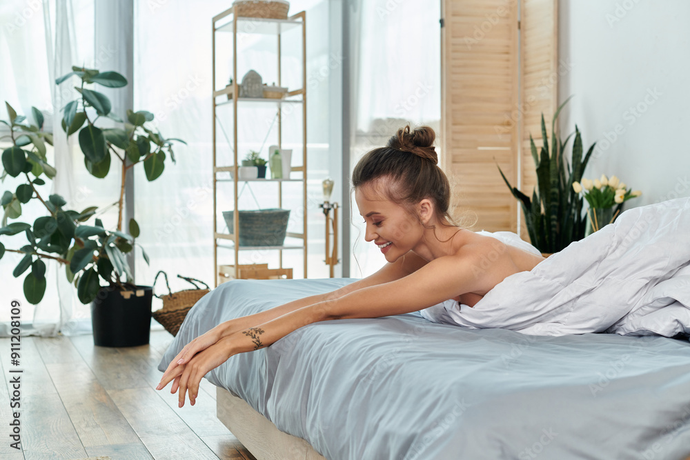 Young woman enjoys a tranquil moment in sensual lingerie amidst a stylish bedroom setting. Young woman enjoys a tranquil moment in sensual lingerie amidst a stylish bedroom setting.