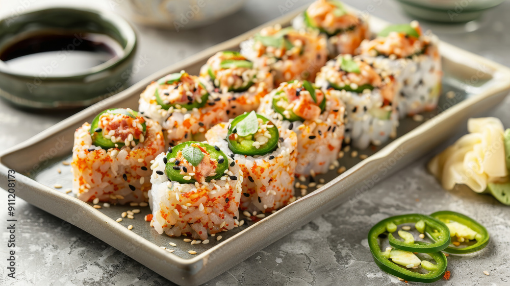 Delight in the classic flavors of spicy tuna rolls featuring finely chopped tuna mixed with spicy mayo and crunchy cucumber, all topped with sliced jalapeños and a sprinkle of sesame seeds Delight in the classic flavors of spicy tuna rolls featuring finely chopped tuna mixed with spicy mayo and crunchy cucumber, all topped with sliced jalapeños and a sprinkle of sesame seeds