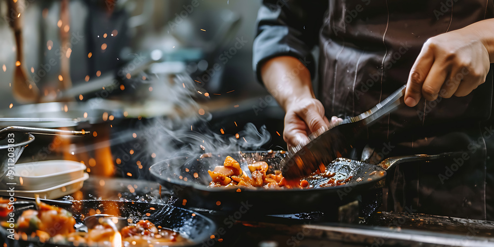 Fototapeta premium Chef cooking food in a pan with orange and black colors, a dynamic image for restaurant and food blogs. 