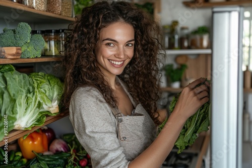 A smiling woman is holding fresh leafy vegetables in a kitchen filled with various fresh produce, reflecting a healthy and organic lifestyle.