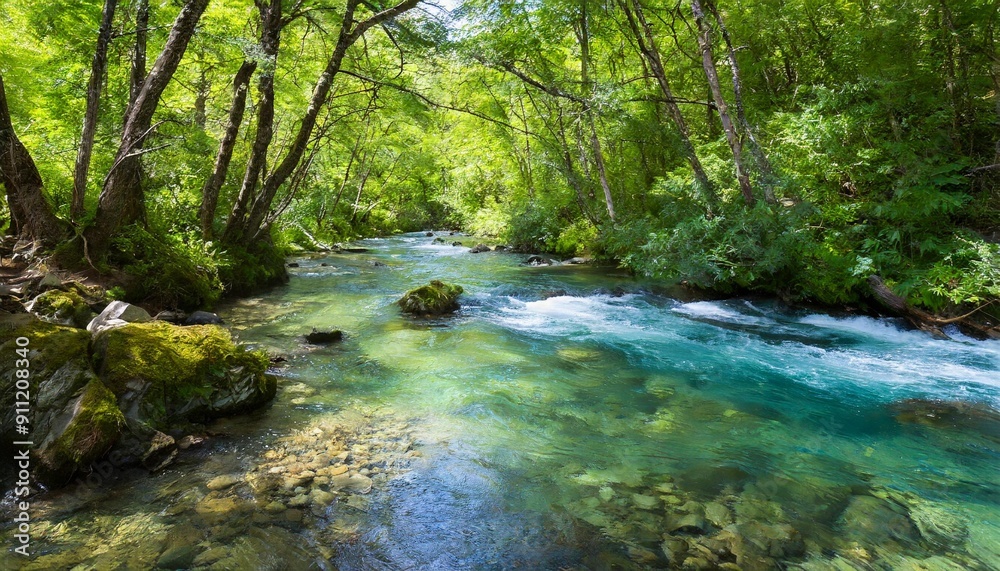 Obraz premium Crystal Clear River Flowing Through a Verdant Forest