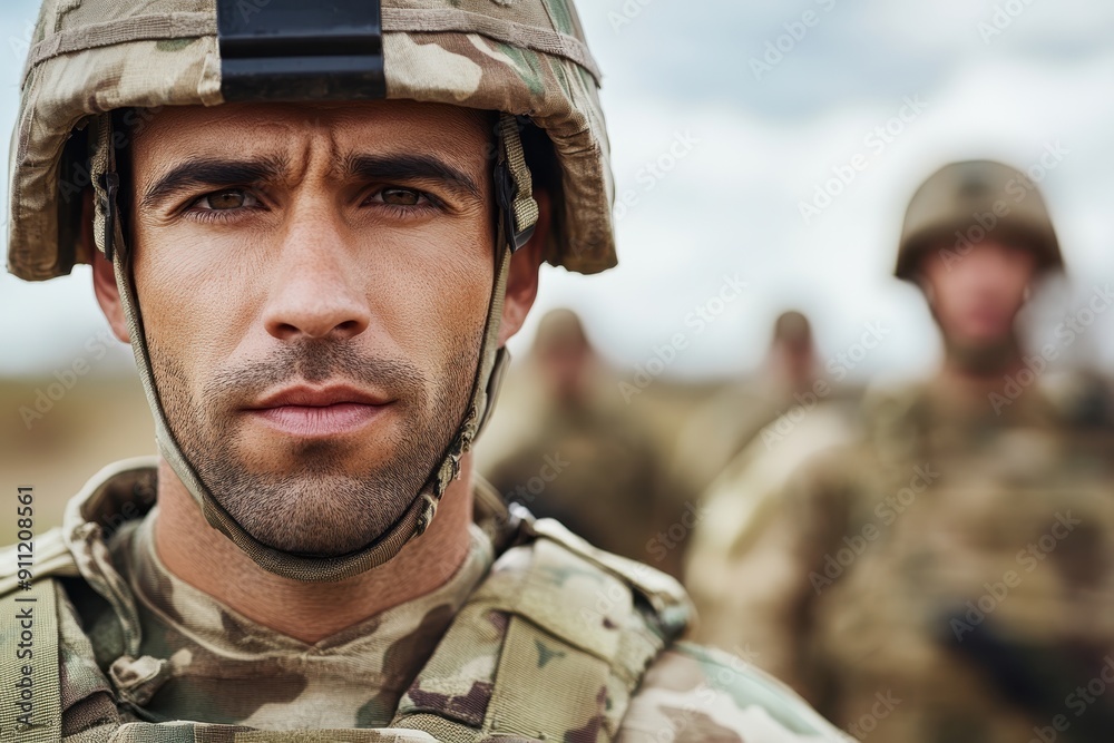 A close-up shot of a soldier wearing camouflage and a helmet, showing a determined expression with other soldiers out of focus in the background. A close-up shot of a soldier wearing camouflage and a helmet, showing a determined expression with other soldiers out of focus in the background.