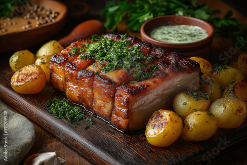 Stegt Flæsk med Persillesovs, a traditional Danish dish featuring crispy fried pork belly served with boiled potatoes and a creamy parsley sauce photo