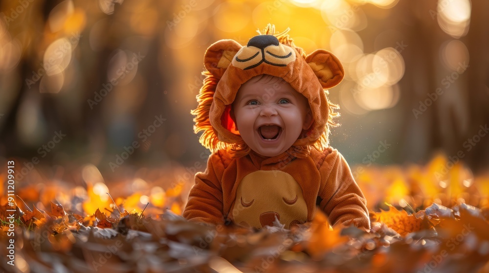 A cute baby dressed in a lion costume is laughing A cute baby dressed in a lion costume is laughing