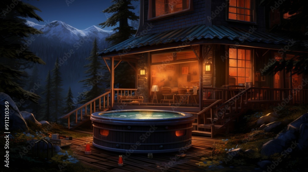 Obraz premium Hot tub outside the resort lodge in the forest with mountains in the background.