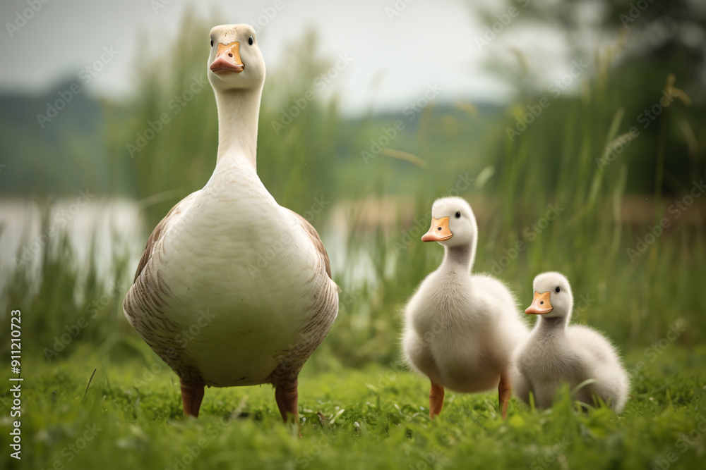 group of white geese with little goslings walks through a green meadow group of white geese with little goslings walks through a green meadow