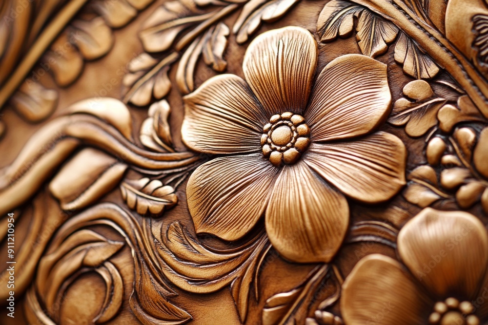 Tooled Leather. A close-up of leather with detailed tooling, showcasing intricate hand-carved patterns and designs. Tooled Leather. A close-up of leather with detailed tooling, showcasing intricate hand-carved patterns and designs.