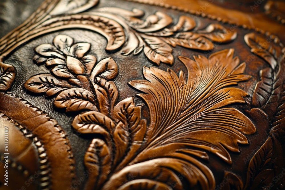 Tooled Leather. A close-up of leather with detailed tooling, showcasing intricate hand-carved patterns and designs. Tooled Leather. A close-up of leather with detailed tooling, showcasing intricate hand-carved patterns and designs.