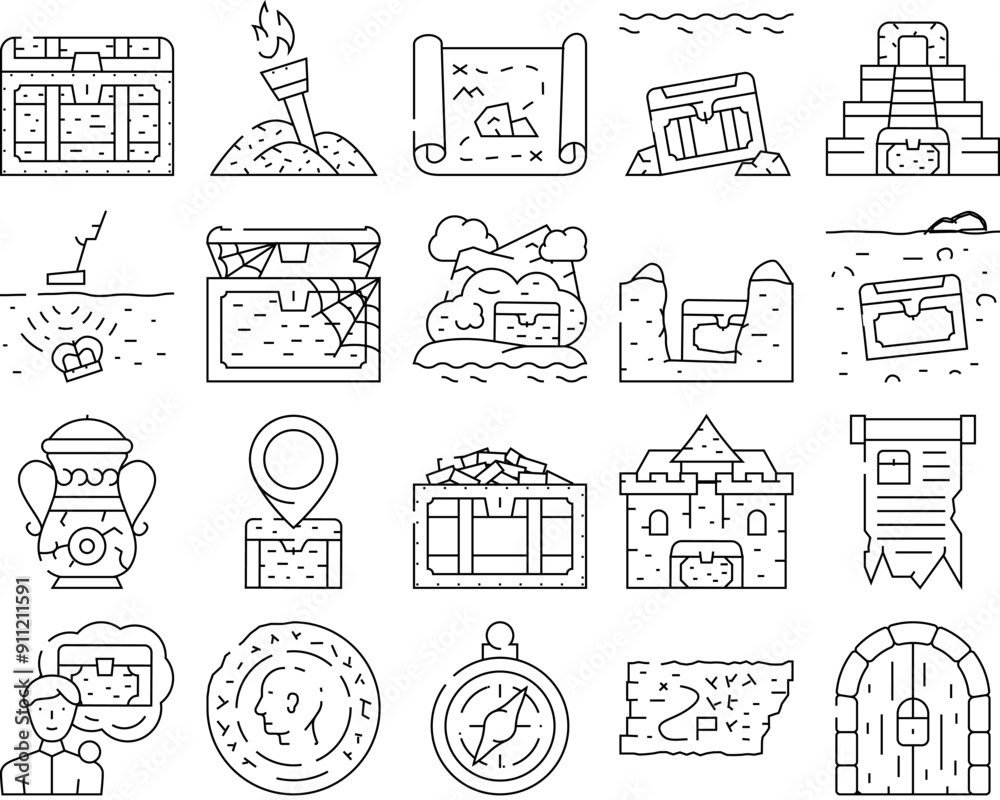 Treasure Precious And Antique Icons Set Vector. Treasure Chest And Manuscript, Compass Equipment And Map With Location For Finding, Gold Pile And Vintage Coin Searching Black Contour Illustrations Treasure Precious And Antique Icons Set Vector. Treasure Chest And Manuscript, Compass Equipment And Map With Location For Finding, Gold Pile And Vintage Coin Searching Black Contour Illustrations