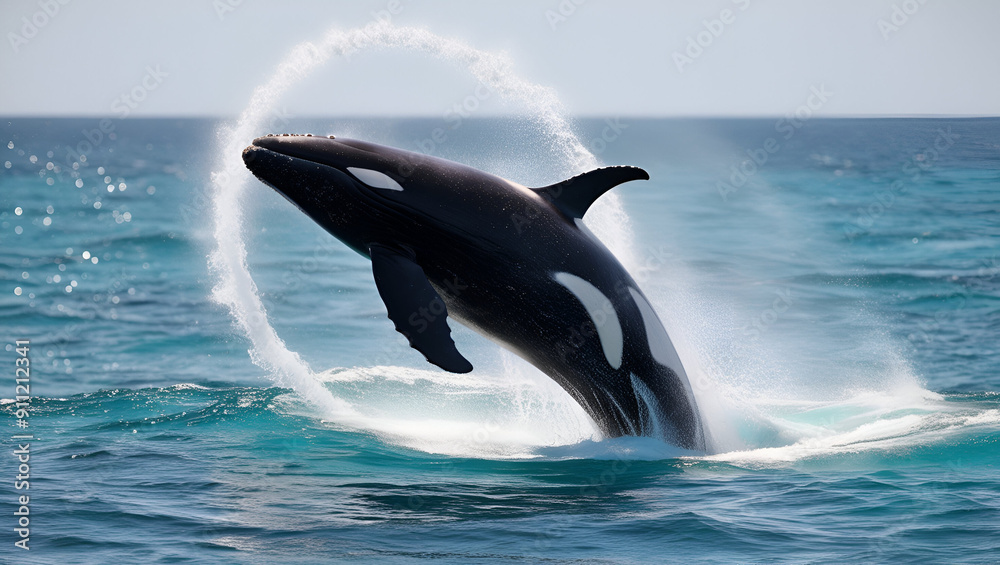 Fototapeta premium Killer Whale jumping in the sea flat. lovers orcas. lettering I love you. gift card, I love you with an inscription generative by ai..