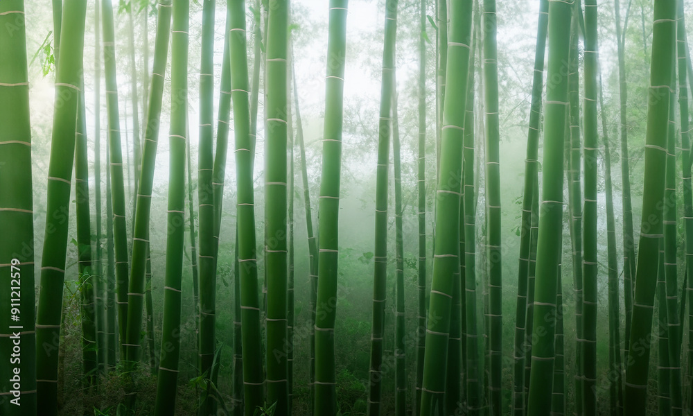 Green bamboo forest park on foggy morning. Woodland path. Green bamboo forest park on foggy morning. Woodland path.