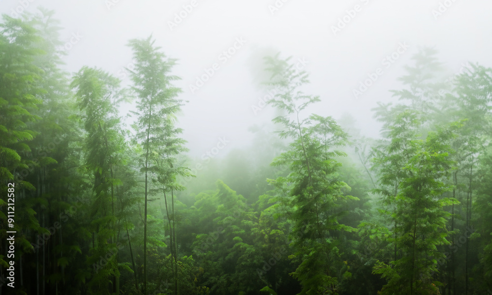 Foogy bamboo forest in morning green woodland. Foogy bamboo forest in morning green woodland.