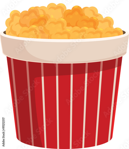Red and white striped cardboard bucket full of popcorn standing on white background