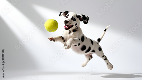 Little dolmatian puppy plays with toys in a bright room closeup AI generated.. photo