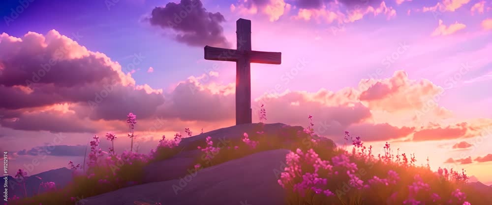 A wooden Christian cross on a mountain top, bathed in golden sunset light, with fluffy clouds floating below