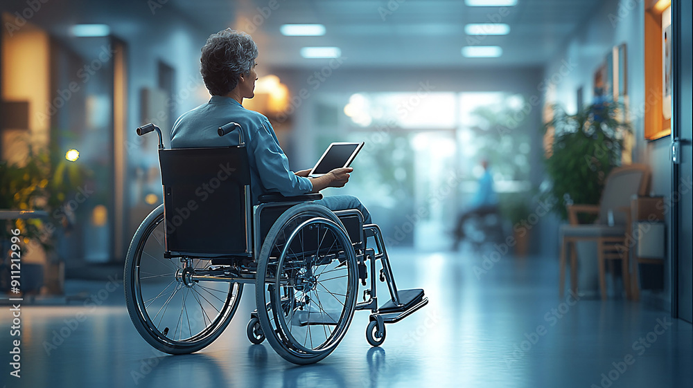 Patient in a wheelchair with a tablet mounted on the armrest, highly detailed realistic image Patient in a wheelchair with a tablet mounted on the armrest, highly detailed realistic image