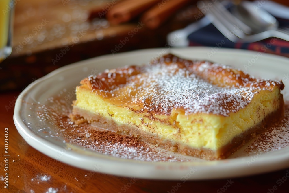 A serving of galatopita, a creamy semolina custard pie sprinkled with powdered sugar and cinnamon. A serving of galatopita, a creamy semolina custard pie sprinkled with powdered sugar and cinnamon.