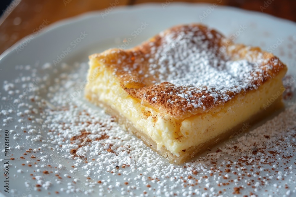 A serving of galatopita, a creamy semolina custard pie sprinkled with powdered sugar and cinnamon. A serving of galatopita, a creamy semolina custard pie sprinkled with powdered sugar and cinnamon.