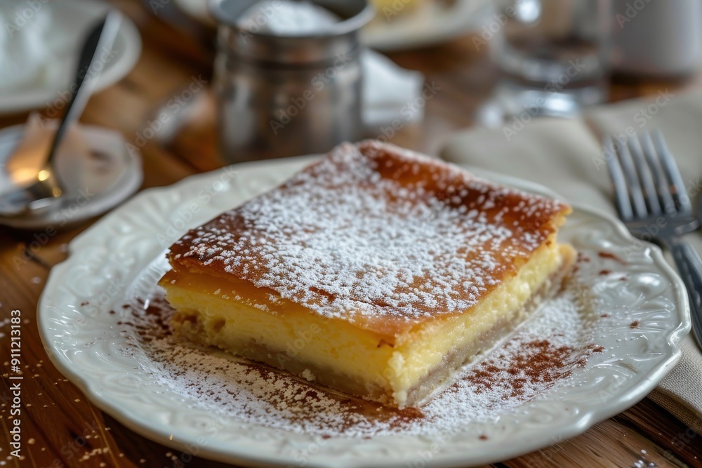 A serving of galatopita, a creamy semolina custard pie sprinkled with powdered sugar and cinnamon. A serving of galatopita, a creamy semolina custard pie sprinkled with powdered sugar and cinnamon.