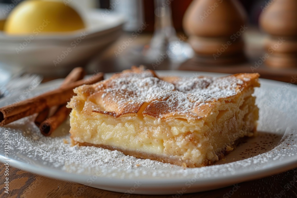 A serving of galatopita, a creamy semolina custard pie sprinkled with powdered sugar and cinnamon. A serving of galatopita, a creamy semolina custard pie sprinkled with powdered sugar and cinnamon.