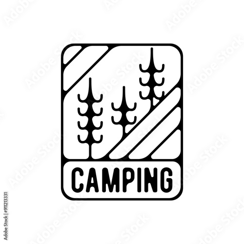 Camping silhouette badge design. Adventure logo graphics. Outdoor nature label monochrome. Stock vector hiking artwork.