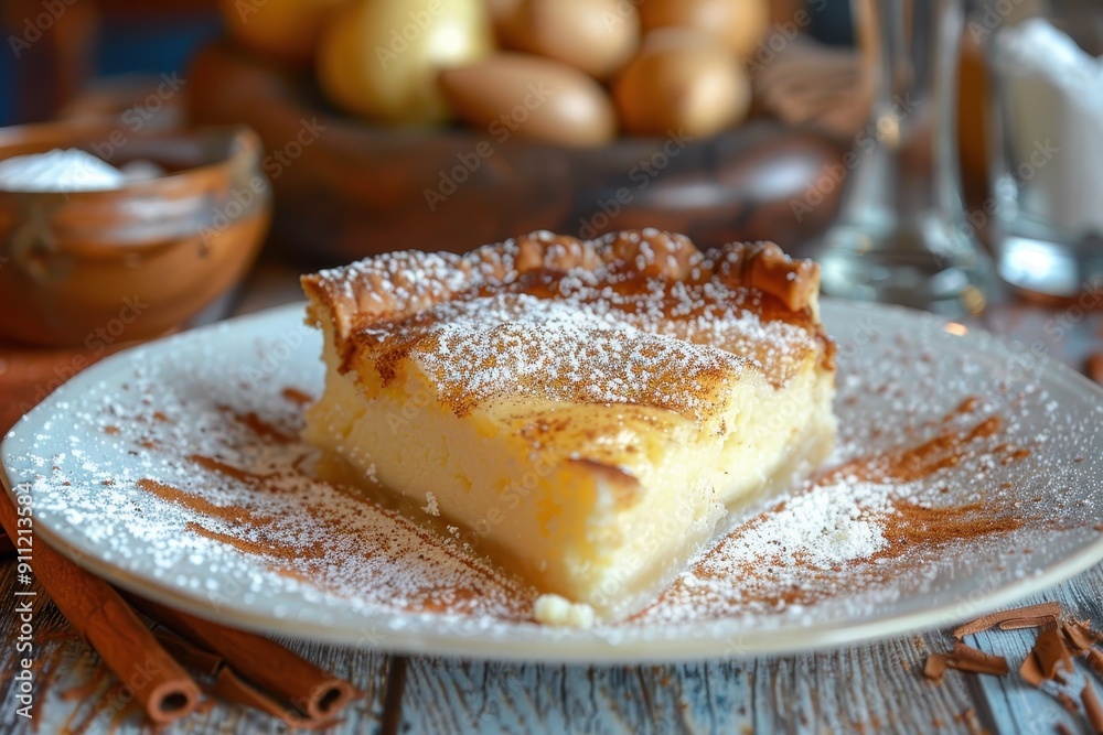 A serving of galatopita, a creamy semolina custard pie sprinkled with powdered sugar and cinnamon. A serving of galatopita, a creamy semolina custard pie sprinkled with powdered sugar and cinnamon.