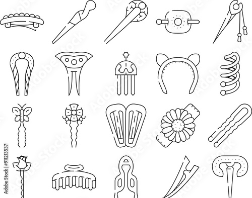 Hair Pin Decorative Accessory Icons Set Vector. Golden Hair Pin With Gemstone And Decorated Butterfly, Rose Bud And Chamomile Flower. Stylish Tool For Hairstyle Color Illustrations