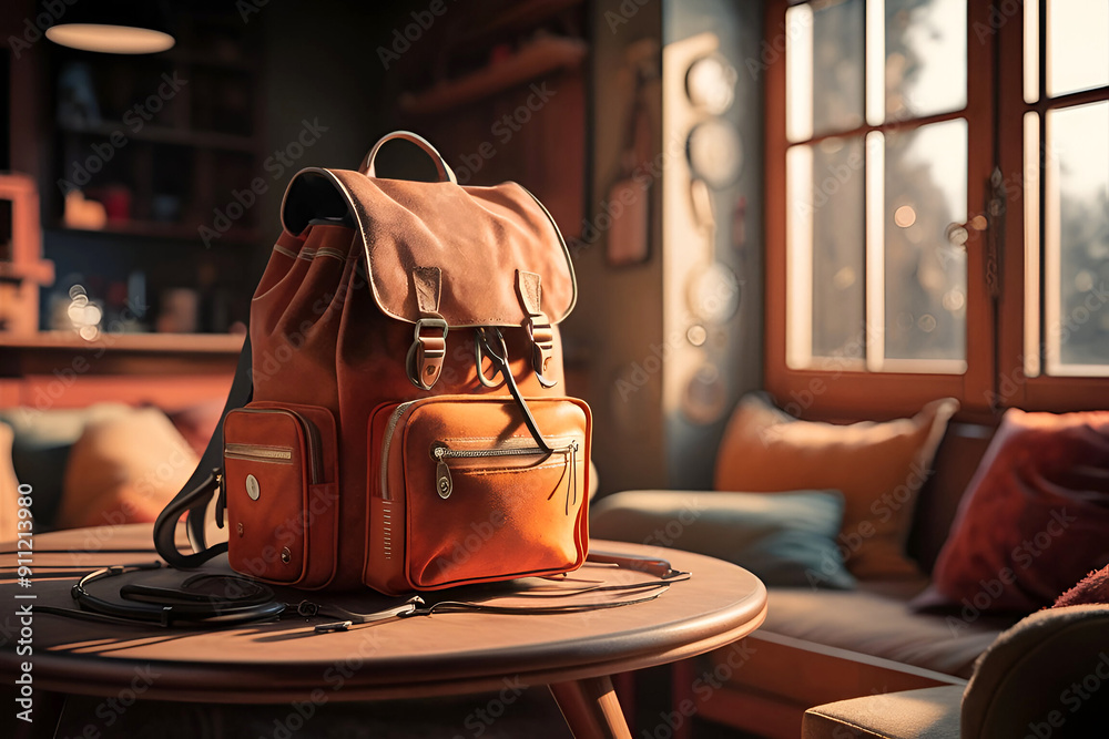 Obraz premium A brown and orange backpack sits on a wooden table in a room. Ai generative