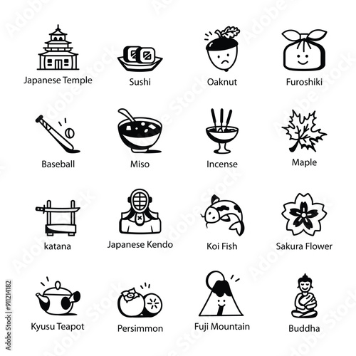 Set of Doodle Style Japanese Heritage Icons