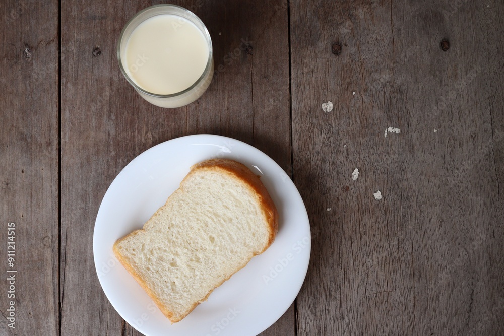 Breakfast of sliced bread and milk Breakfast of sliced bread and milk