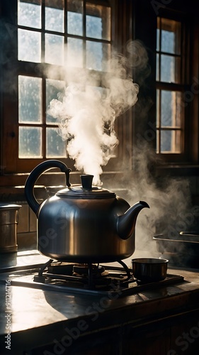 Steam rising a kettle illuminated by morning sunl