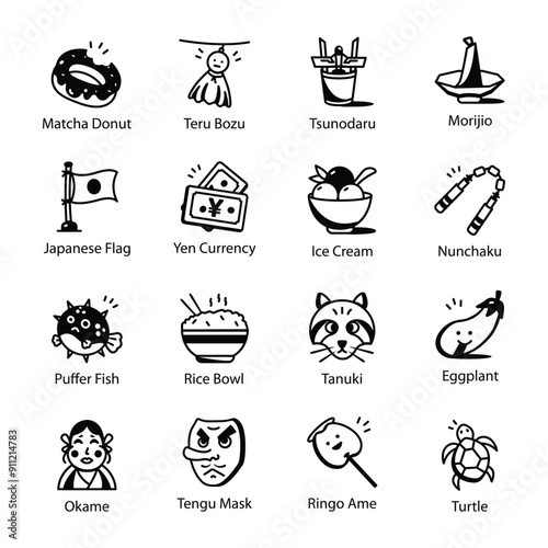 Set of Japanese Items Doodle Icons


