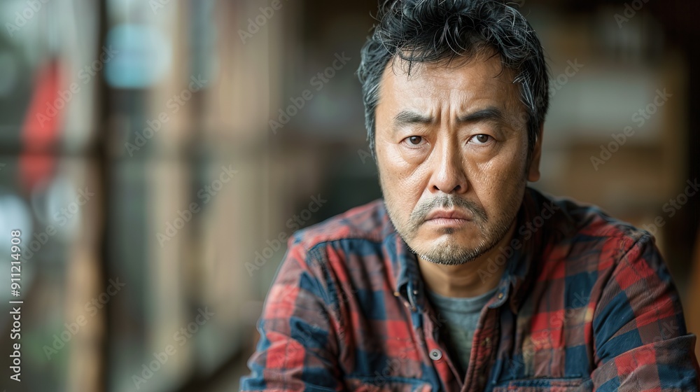 Korean man with a pensive or displeased expression featuring a furrowed brow and a slight frown Korean man with a pensive or displeased expression featuring a furrowed brow and a slight frown