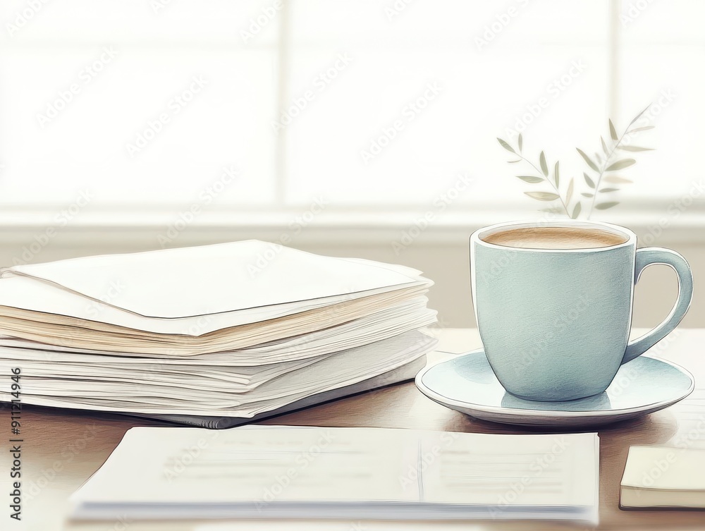 A blue mug of coffee with a stack of papers on a desk near a window. A blue mug of coffee with a stack of papers on a desk near a window.