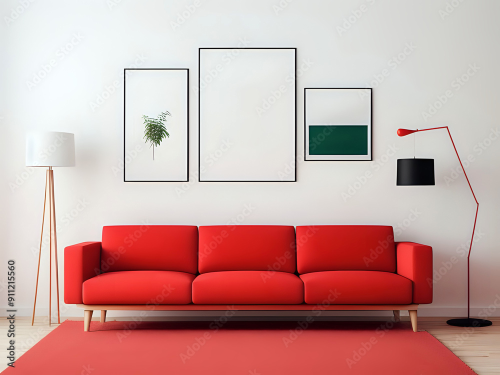 Bilderrahmen über einem roten Sofa Bilderrahmen über einem roten Sofa