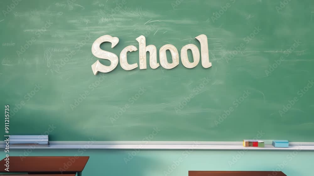 An empty classroom with wooden desks and a green board on which the text SCHOOL appears An empty classroom with wooden desks and a green board on which the text SCHOOL appears