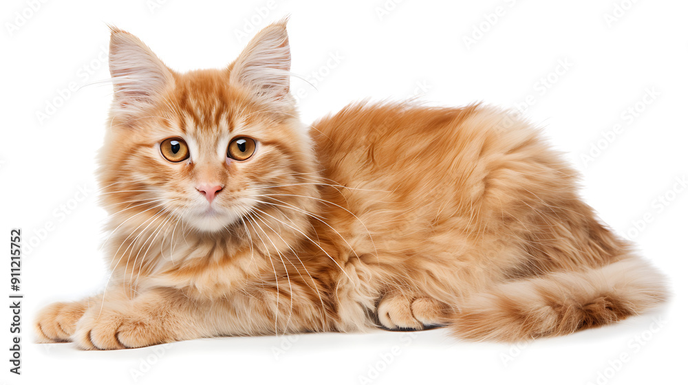 Fototapeta premium A cute ginger kitten with big eyes, lying on a white background, perfect for pet-related projects. 