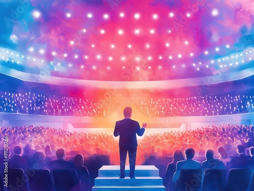 Illustration of a speaker addressing a large audience, colorful auditorium, emphasizing public speaking and inspiration.